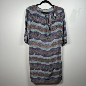 TUCKER Silk Blue Purple Abstract Stripes 3/4 Sleeve Midi Dress Medium